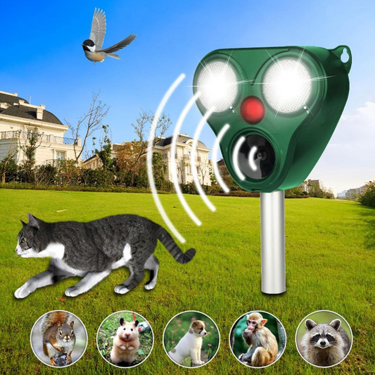 Aparat Solar LED cu Ultrasunete, Flippy, Repelent pentru Animale Mari si Mici, Lumina Rosie si Alba, Anti Rozatoare, Anti Insecte, Frecventa 13.5KHZ-65 KHZ, Senzor PIR, 13 x 14.7 x 24.5 cm, Verde - Flippy