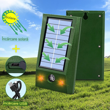Aparat Solar LED cu Ultrasunete, Flippy, Repelent pentru Animale Mari si Mici, Lumina Rosie si Alba, Anti Rozatoare, Anti Insecte, Frecventa 9-36.5KHZ, 12 X 6.5 cm, Verde - Flippy