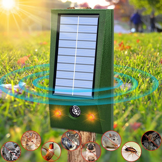 Aparat Solar LED cu Ultrasunete, Flippy, Repelent pentru Animale Mari si Mici, Lumina Rosie si Alba, Anti Rozatoare, Anti Insecte, Frecventa 9-36.5KHZ, 12 X 6.5 cm, Verde - Flippy