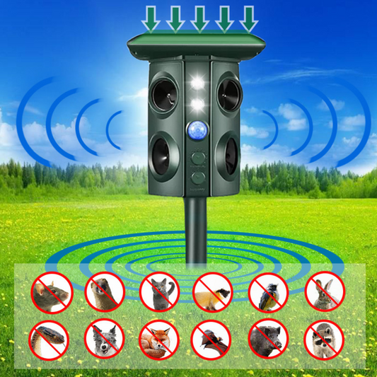 Aparat Solar LED cu Ultrasunete, Flippy, Repelent pentru Animale Mari si Mici, Lumina Rosie si Alba, Anti Rozatoare, Anti Insecte, Frecventa 13.5KHZ-45.5KHZ, Senzor PIR, 15.5 x 15.4 x 26.2 cm, Verde - Flippy