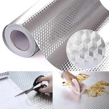 Autocolant pentru Bucătărie, Flippy, Tip Folie de Aluminiu, Rezistent la Ulei, Umezeală, Temperaturi Inalte, pentru Dulapuri, Perete, Blat, Argintiu, 60cm x 1m - Flippy