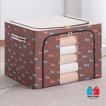 Cutie de Depozitare Pliabila, Flippy, 24 L, Panza Oxford, 40x30x20 cm, Fereastra Frontala, 2 Usi de Acces cu Fermoar Bidirectional, Cadru Metalic, Suport Baza Stabil din Plastic, Imprimeu Catelus, Maro/Bej - Flippy