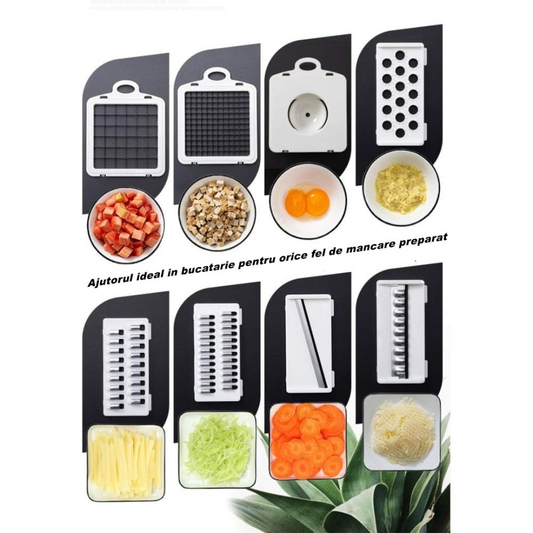 Feliator Multifunctional, Flippy, Razatoare, 8 in 1, pentru Fructe si Legume, 10 Piese, Lame de Inox, Recipient Stocare, Separator Oua, Protectie Mana, ABS, 32.2x11.3 cm, Albastru/Alb - Flippy