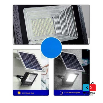 Proiector LED/Lampa solara de exterior Flippy, 20 cm x 25cm, Rezistent la Apa IP67, cu Panou Solar, 220 LED SMD, 65W, Senzor de lumina, Timer, cu Telecomanda, 2 moduri de iluminat, kit montaj inclus, Lumina Rece - Flippy