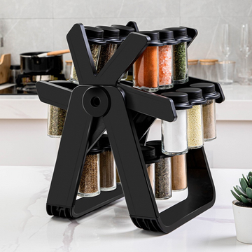 Suport Pentru Condimente Rotativ, Flippy, Multifunctional, Pivotant 360°, Portabil, Usor de Montat, 34x23 cm, ABS/Sticla, Negru - Flippy